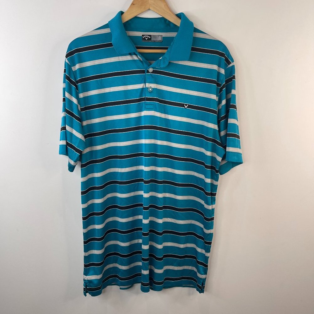 Callaway Golf Sport Men Blue/Black/Grey Stripe Short Sleeve Polo Shirt Size XL